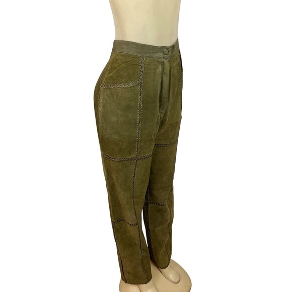 S.M.H. Vintage Olive Green Leather High-Waisted Loose-Fit Trousers Size 14 - Picture 2 of 7